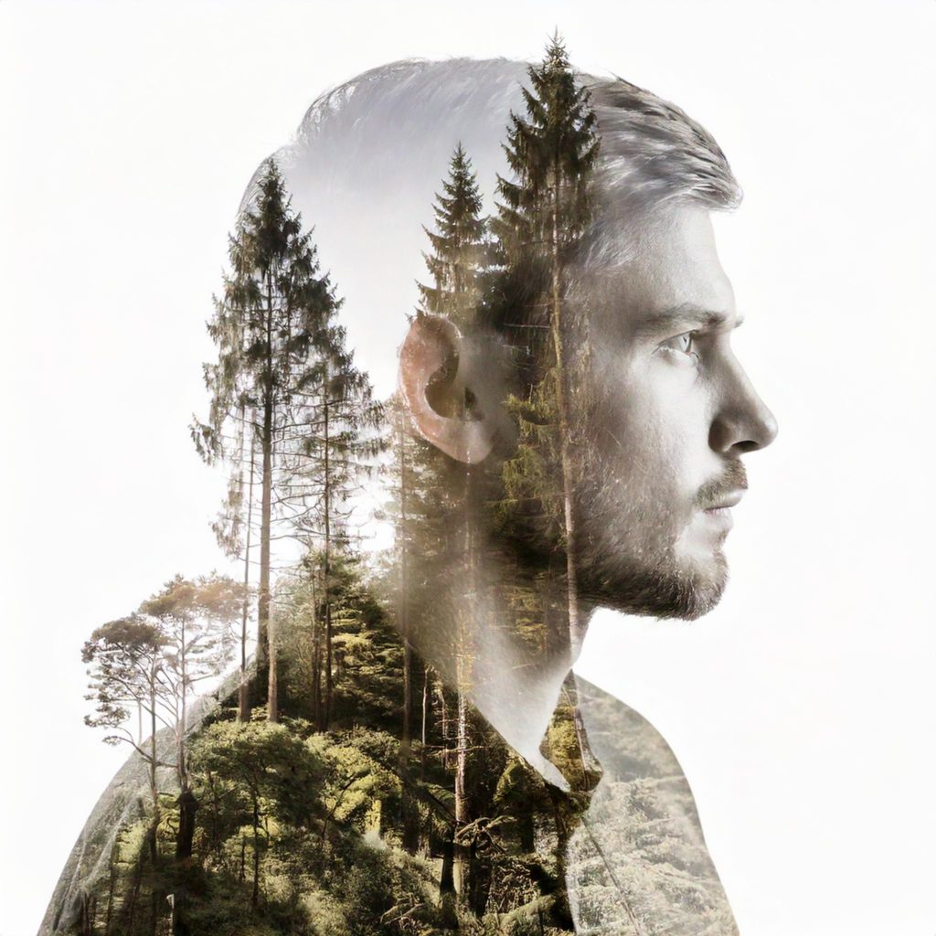 Double exposition d'un profil humain et d'une forêt, lien entre l'humain et la forêt